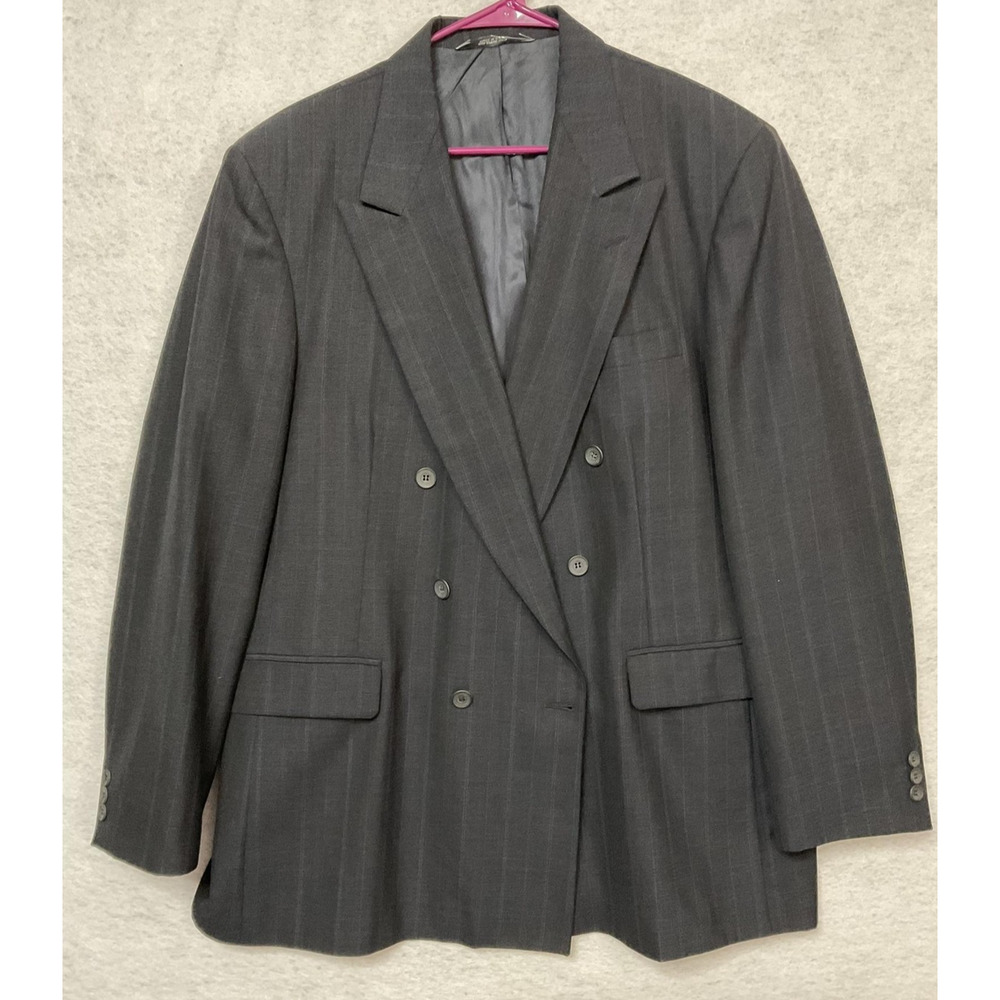 Haggar Suit Jacket Men 44L Gray Pinstripe Double Breasted Blazer Made USA Lined